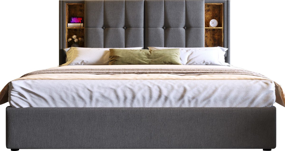 Merax Tweepersoonsbed 160x200 cm - Grijs Gestoffeerd Bed met Draadloze Oplaadfunctie en Opbergruimte