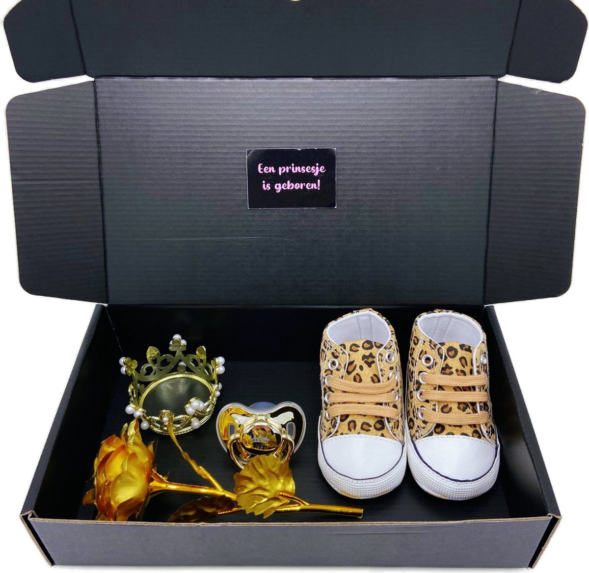 Goedkoopste Kraamcadeau diva - kraamkado - sneakers tijgerprint - gouden speen - kan ook rechtstreeks worden verstuurd