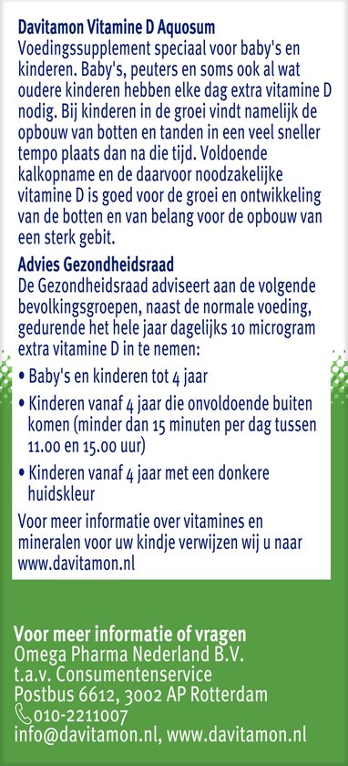 Davitamon vitamine D Aquosum – bevat vitamine D3 - vitamine D baby op waterbasis - 25 ml