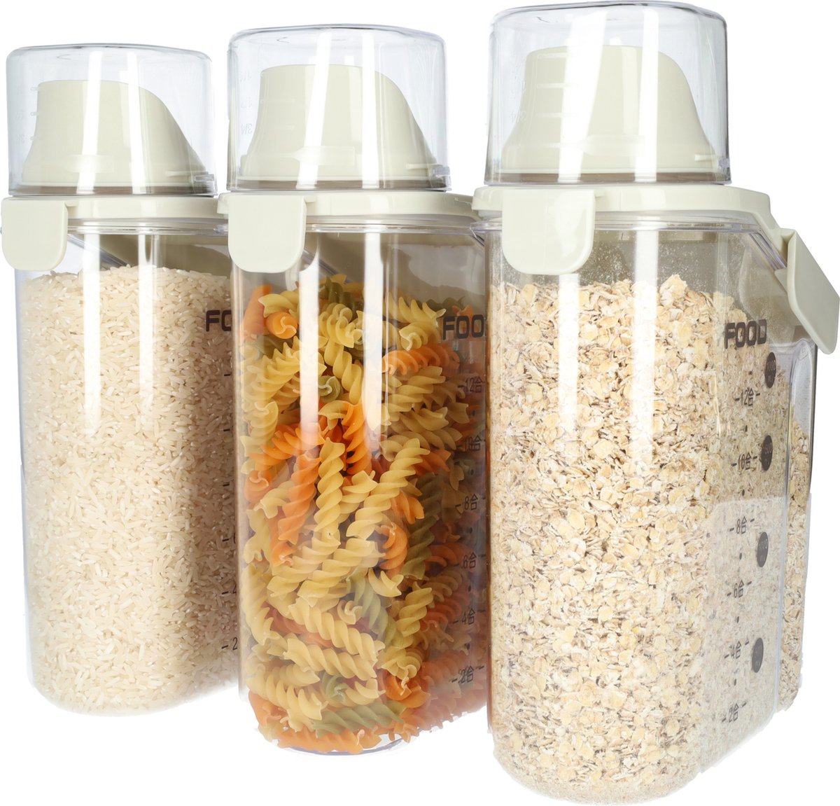 Beige voedsel opslagcontainer (3 stuks) met maatbeker! Opslag container 2000ml Voorraadbussen Plastic luchtdichte dispenser BPA vrij! Voedselcontainer voor granen rijst bloem dierenvoeding droogvoeding en meer!