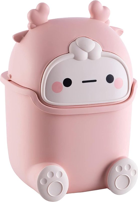 Roze mini-prullenbak in de vorm van een dier met hertengeweien, witte oren en poten.