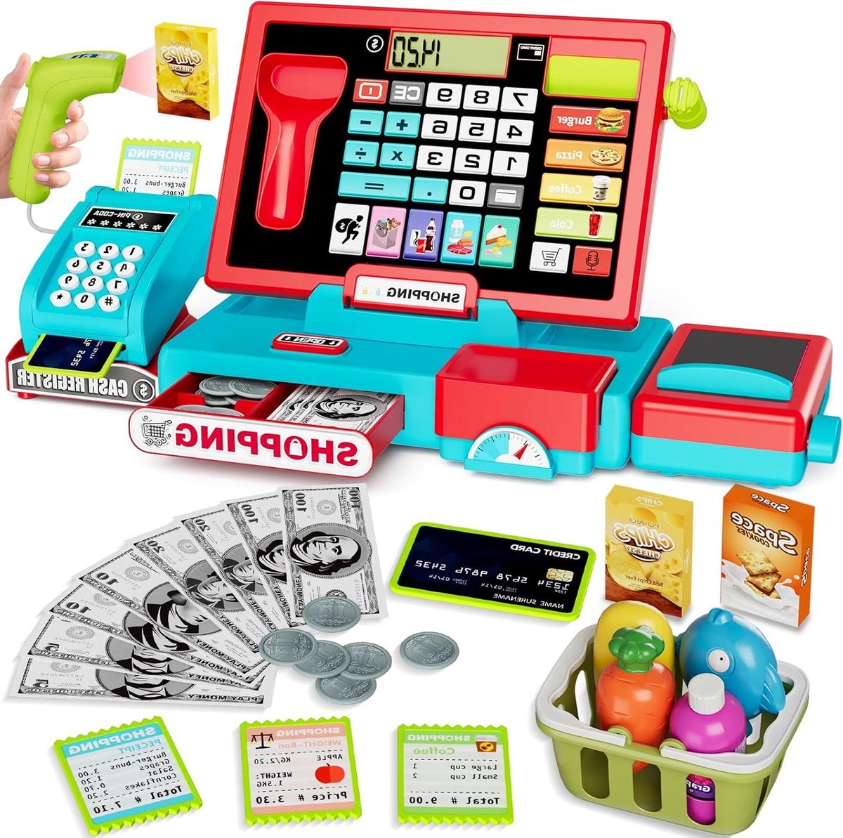 Rode Kids Cash Register Toy Playset met Real Calculator - Speelgoed voor kinderen