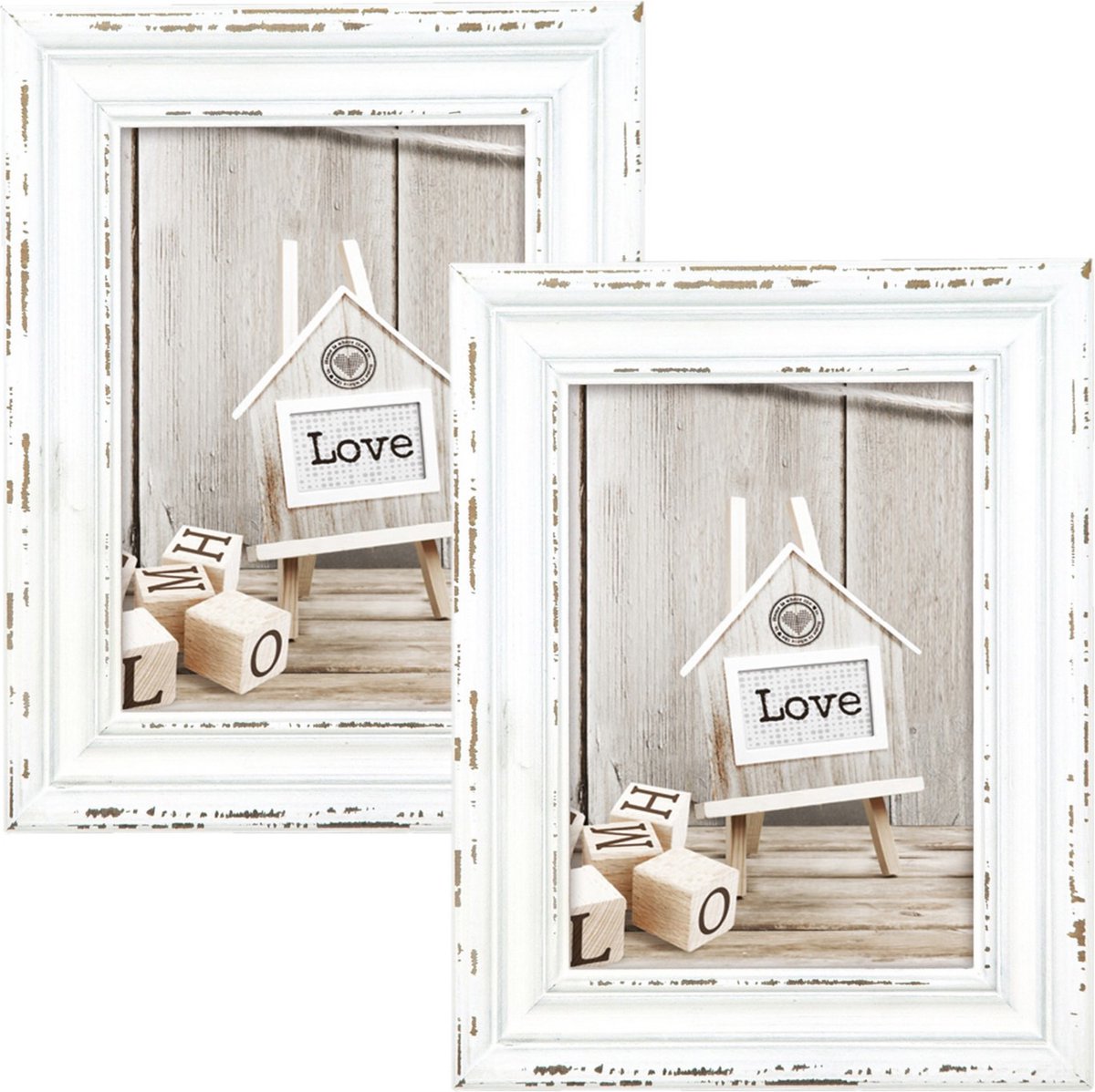 Zep 2x stuks houten fotolijst vintage wit met metalen ophangketting geschikt voor een foto van 13 x 18 cm
