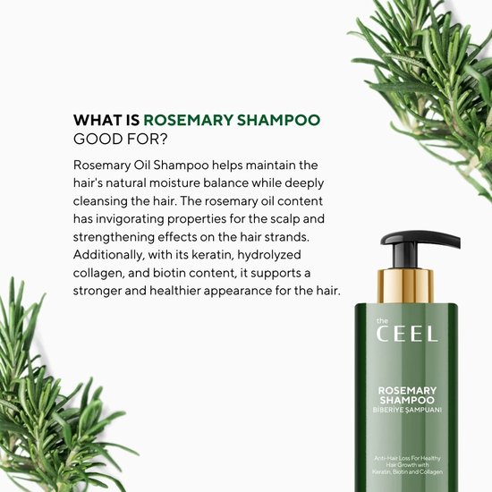 De Ceel Rozemarijn Shampoo fles, omringd door rozemarijn takjes. Tekst legt de voordelen uit.