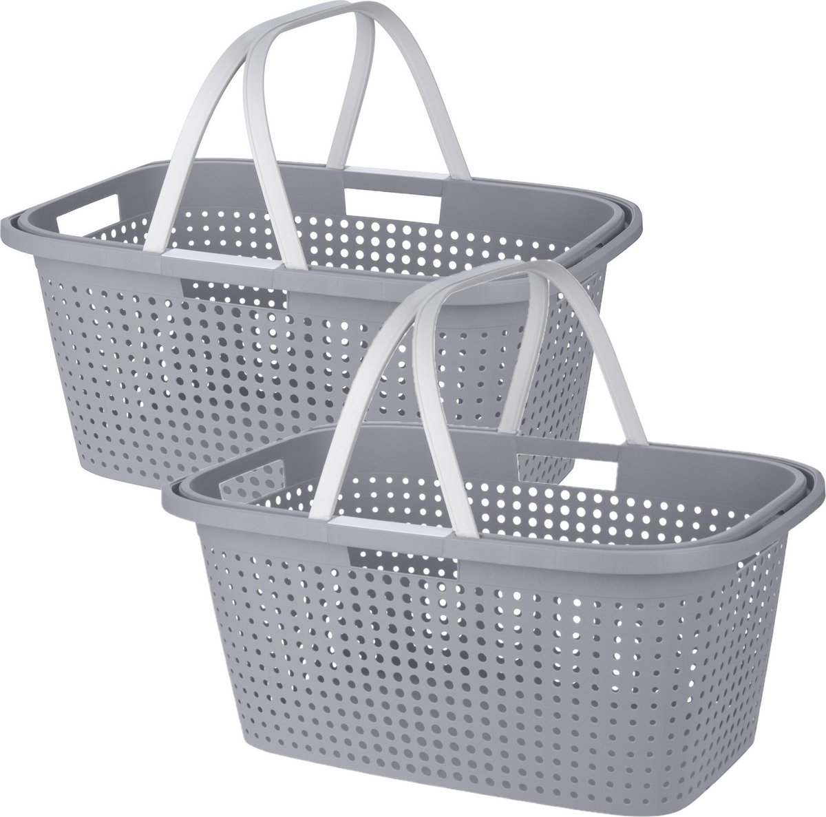 Goedkoopste Wasmand met hengsel - 2x stuks - 38 liter - 60 cm - grijs/wit - Draagwasmanden - Wasgoedmand - Mand met handvatten