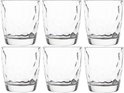 Six verres transparents avec un motif ondulé et détaillé.