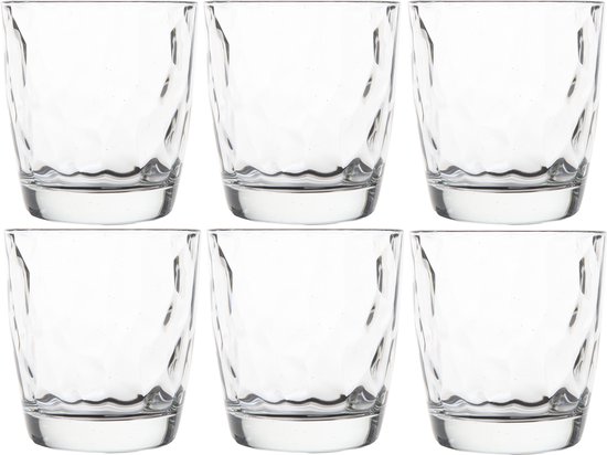 Six verres transparents avec un motif ondulé et détaillé.