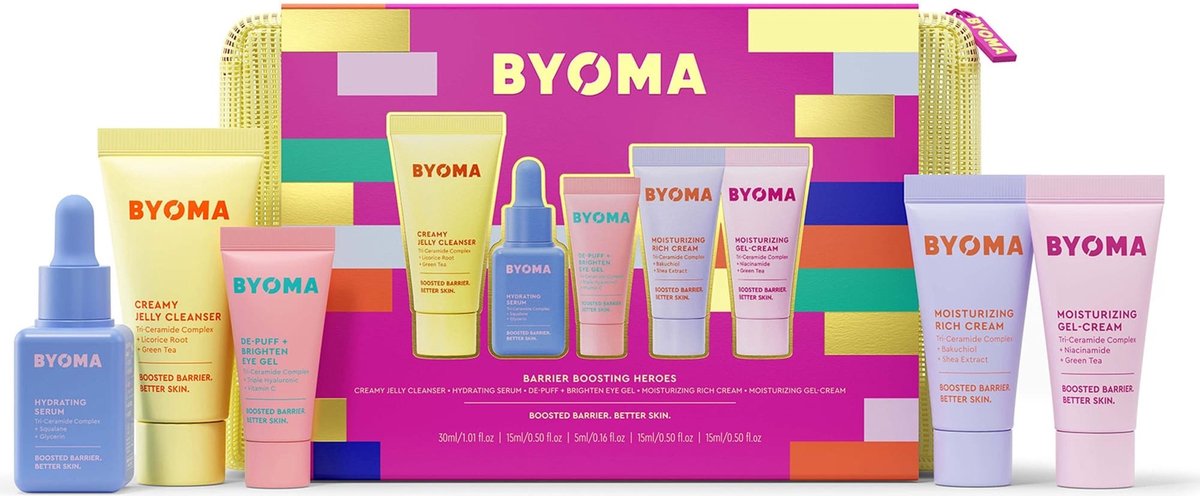 Goedkoopste Byoma Barrier Boosting Heroes Bundle - Creamy Jelly Cleanser (30ml) - Hydrating Serum (15ml) - De-Puff Brighten Eye Gel (5ml) -Moisturizing Gel Cream (15ml) - Moisturizing Rich Cream (15ml) - Gift Set