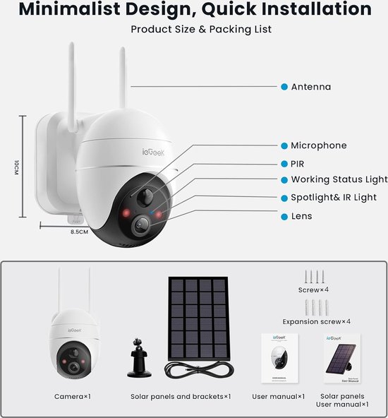 ieGeek 5MP Beveiligingscamera's Draadloos Buiten, Zonnecamera Buiten Draadloos WiFi 360° PTZ Op Batterijen Met Spotlight & Sirene/Bewegingsdetectie/Kleuren Nachtzicht/2-Weg Audio/IP65, Werkt met Alexa, 2 stuks van ieGeek — afbeelding 4