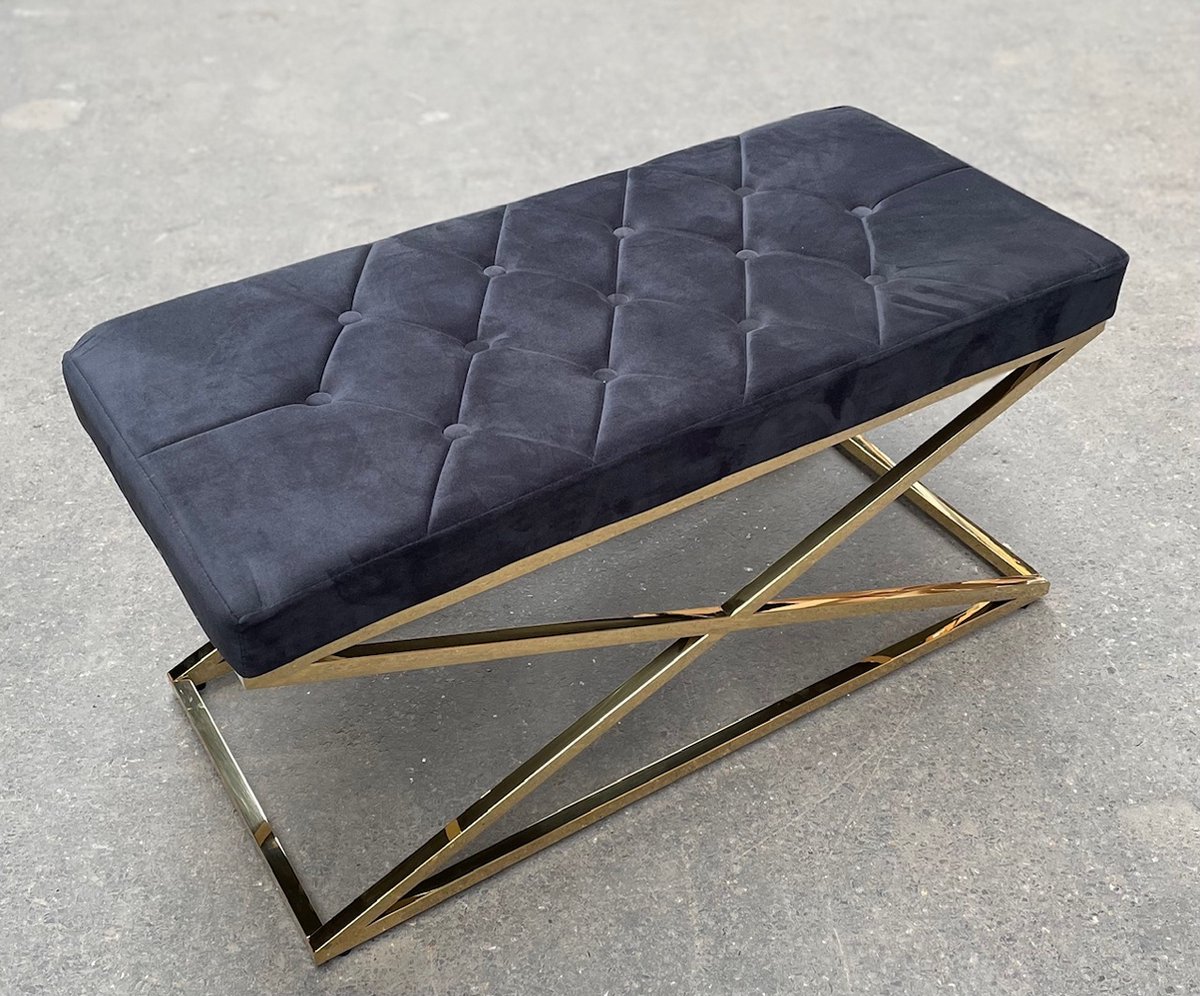 mbc-living - X bankje - Hocker - glanzend goud - velvet zwart stof - L100cm x H48cm x W45cm