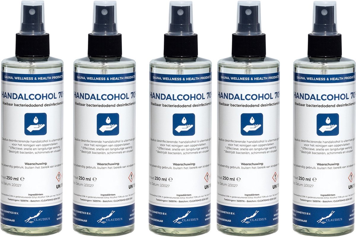 Goedkoopste Handalcohol spray 70 - 250 ml met luxe zwarte verstuiver dop - set van 5 stuks