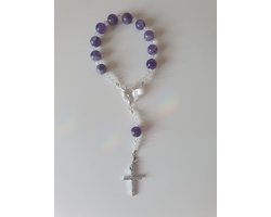 Rozenkrans - Tientje - Paternoster, gemaakt met Amethist kralen halfedelsteen en o.a. kristallen van Swarovski (gebedssnoer, kerst, eerste communie, geloof, ketting, Hanger, kruisteken, meditatie, spiritueel)