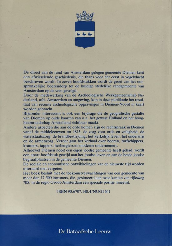 Boekomslag met een blauw wapenschild boven een Nederlandse tekst over de geschiedenis van Diemen.