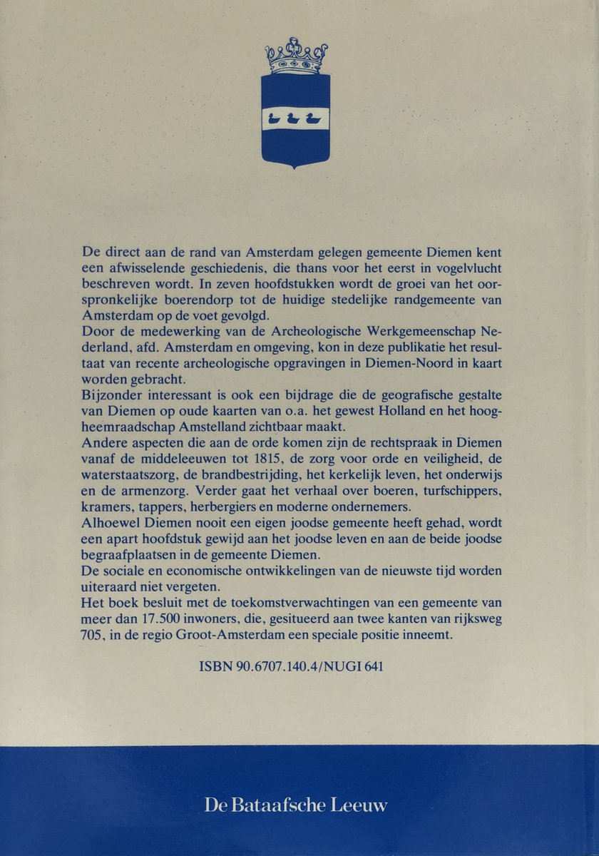 Boekomslag met een blauw wapenschild boven een Nederlandse tekst over de geschiedenis van Diemen.