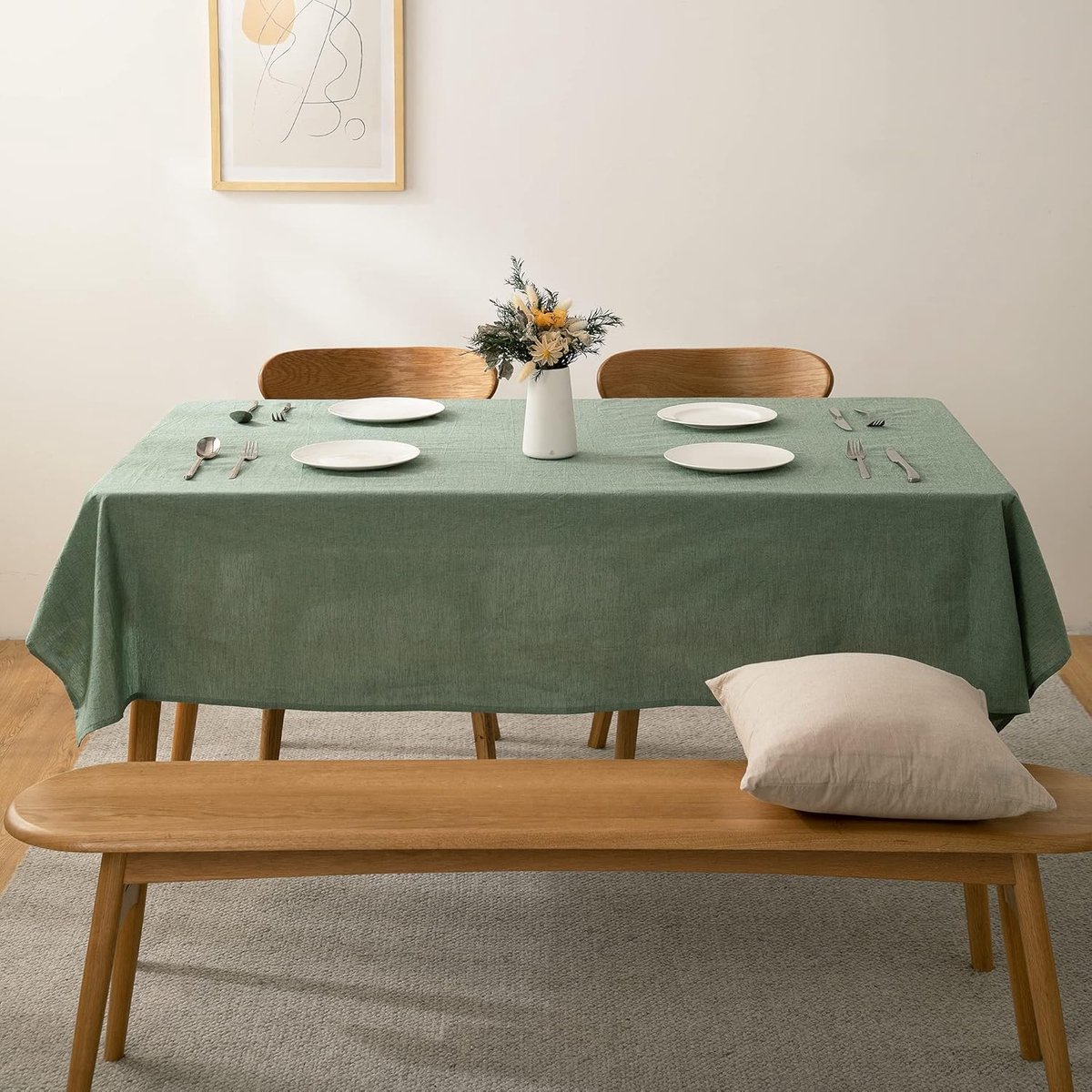 Riokem ® Tafelkleed, groen, linnenlook, 100% gewassen katoen, vierkant, 140 x 140 cm