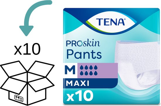 Verpakking TENA Proskin Pants Maxi maat M, met 10 broekjes. Doos met pijl wijst naar 10. 