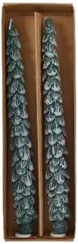 2x Kerstboom kerst kaarsen groen met sneeuw 26 cm - kerstdiner kaarsen