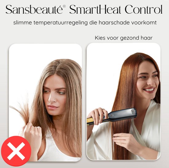 Contrôle SmartHeat Sansbeauté. Comparaison de cheveux abîmés et de cheveux sains et raides, avec un fer à lisser.