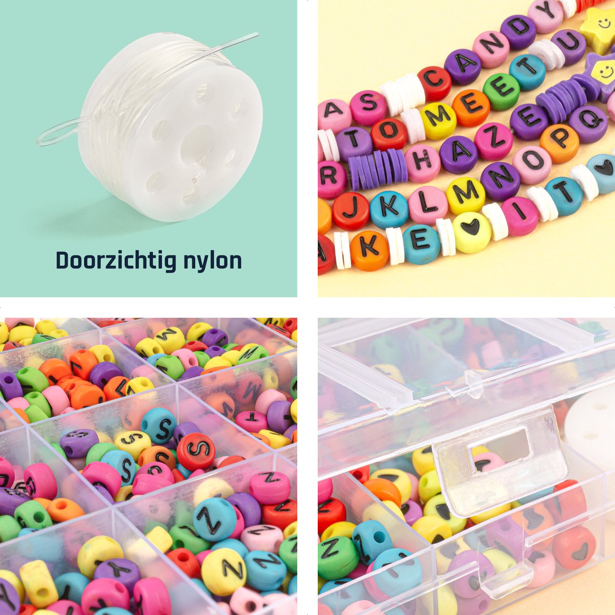 Letterkralen voor Sieraden maken - Alfabet kralen voor ketting/armband/telefoonkoord etc. - Acryl – Zwarte letter op gekleurde achtergrond - 7 mm - 1400 stuks gesorteerd — afbeelding 4