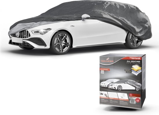Witte auto met grijze Walser autohoes, naast de verpakking met details over de hoes.