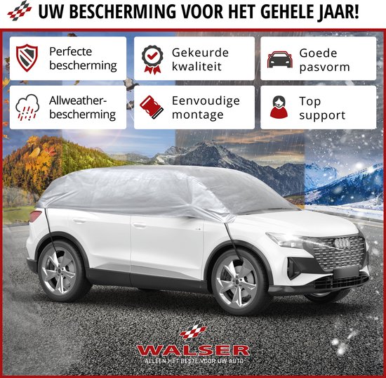 Een witte Audi Q4 e-tron onder een doorzichtige Walser autohoes, omringd door andere auto's, met iconen voor perfecte bescherming, gekeurde kwaliteit, goede pasvorm en eenvoudige montage.