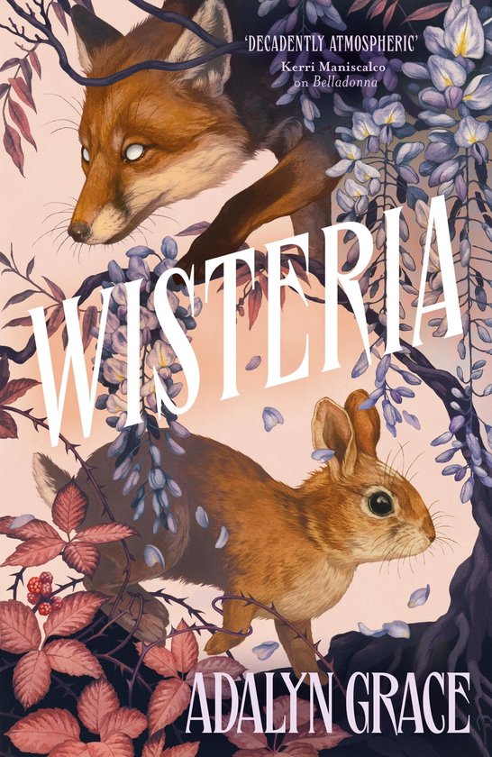 Boekomslag van Wisteria met een vos, konijn en wisteria bloemen.