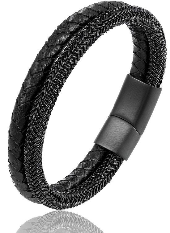 Foto: Leren armband dubbel snoer zwart met clipsluiting voor heren en dames 23cm mauro vinci baresi steel armband leer zwart met geschenkverpakking sieraad mannen en vrouwen