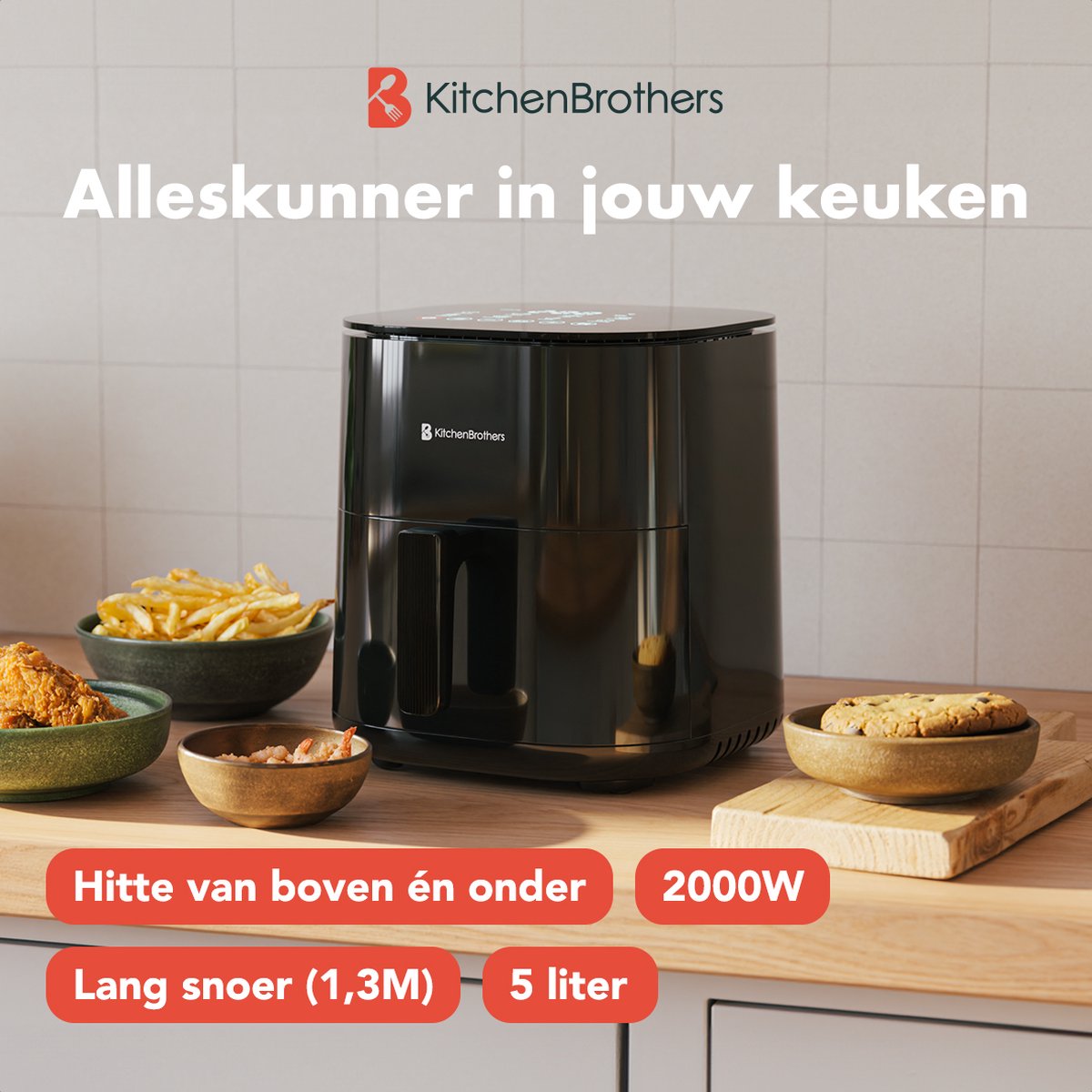 Afbeelding 2 van KitchenBrothers Airfryer XL - 2000W - 5L - Heteluchtfriteuse - Dual Heating - 80ºC tot 200ºC - 8 Kookprogramma's - Zwart
