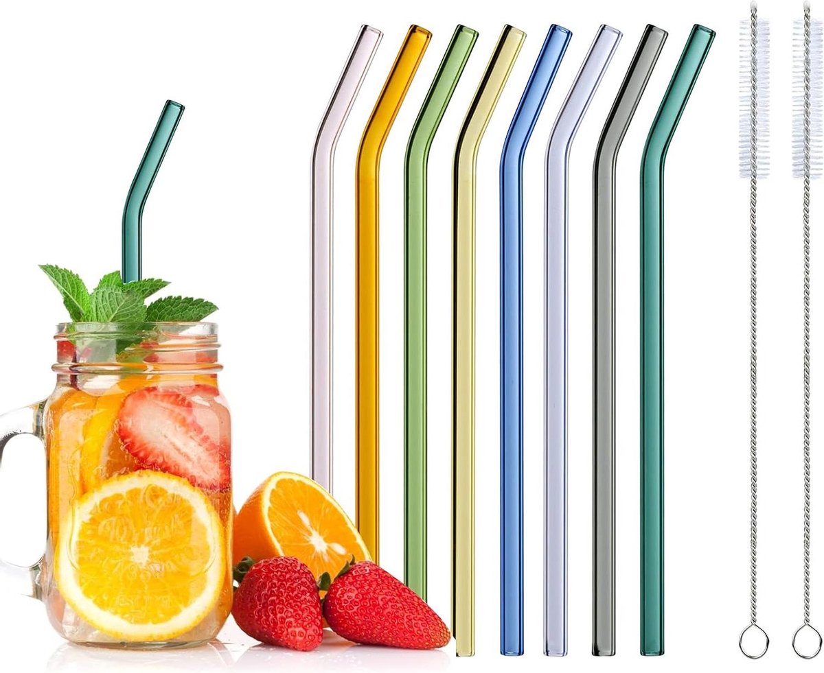 Herbruikbare glazen rietjes 8 kleurrijke gebogen rietjes met reinigingsborstels voor cocktails smoothies en sappen vaatwasmachinebestendig Glazen rietjes