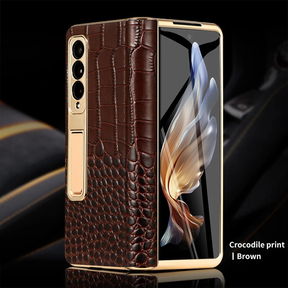 Echt Leren Telefoonhoes Geschikt voor Samsung Galaxy Z Fold 5 - Back Cover met Gelaagd Glazen Spiegelfolie, Schokbestendige Bescherming en Luxe Design , telefoon bescherming , telefoon accessoire