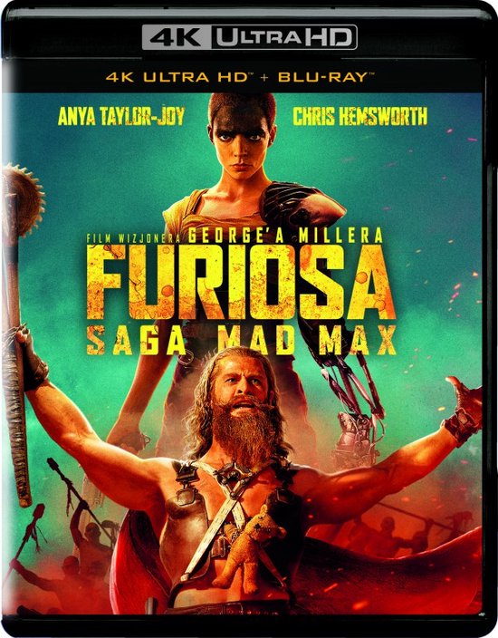 Voorplaat van de film "Furiosa: A Mad Max Saga" met Anya Taylor-Joy en Chris Hemsworth.