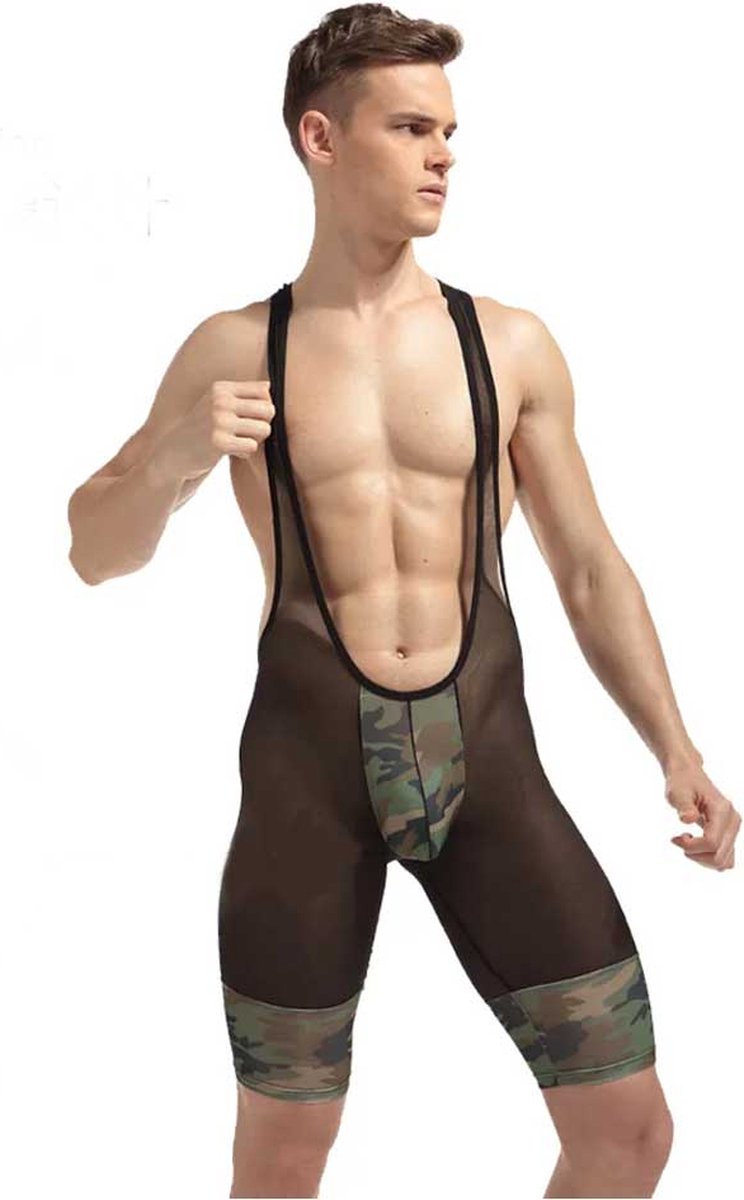 Goedkoopste Camouflage bodysuit Heren - Mannen kleding erotisch - Doorschijnend - Jumpsuit rollenspel - Tankini - Legerprint