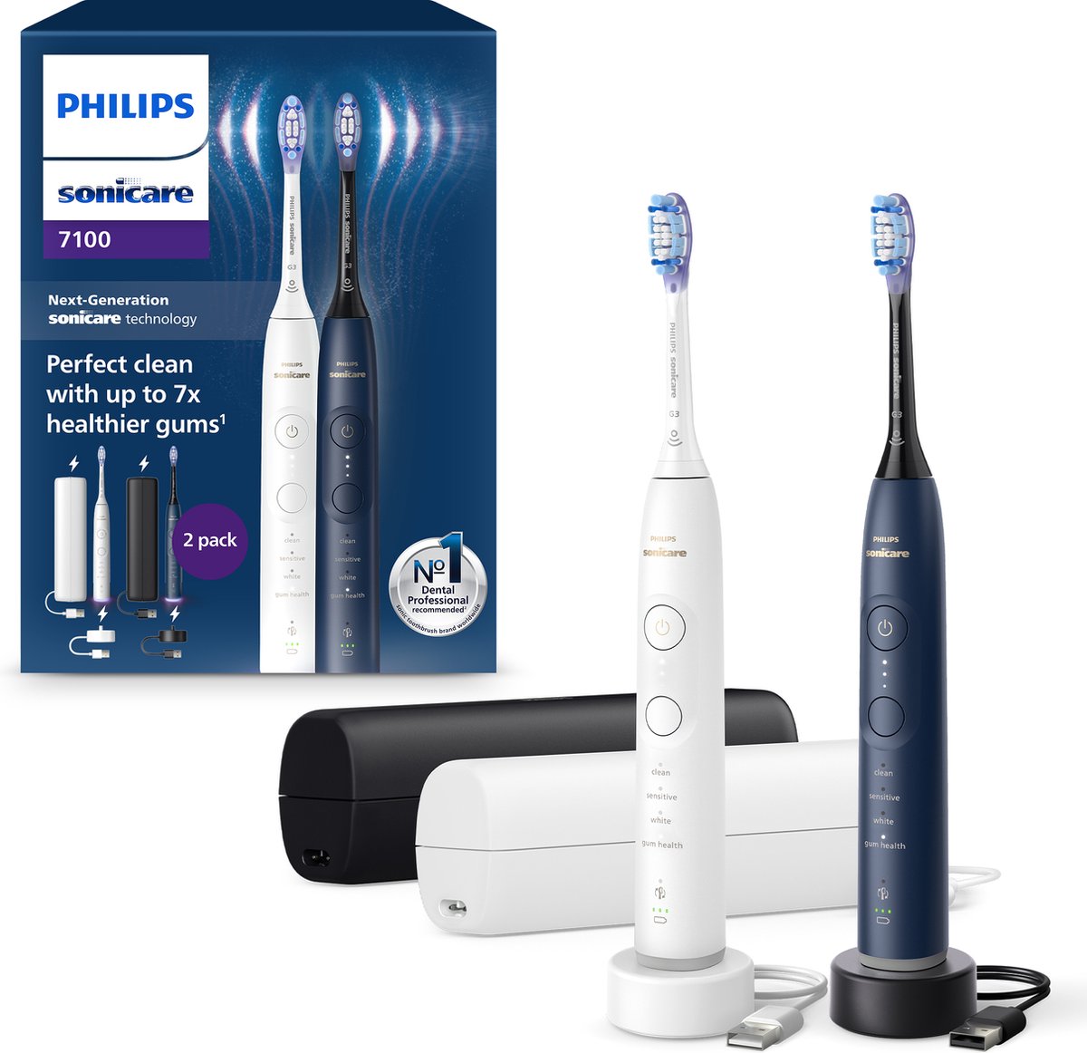 Philips Sonicare 7100 series - Elektrische Tandenborstel - Wit & Blauw - Duopack - Reisetui - Gezonder tandvlees - HX7429/01
