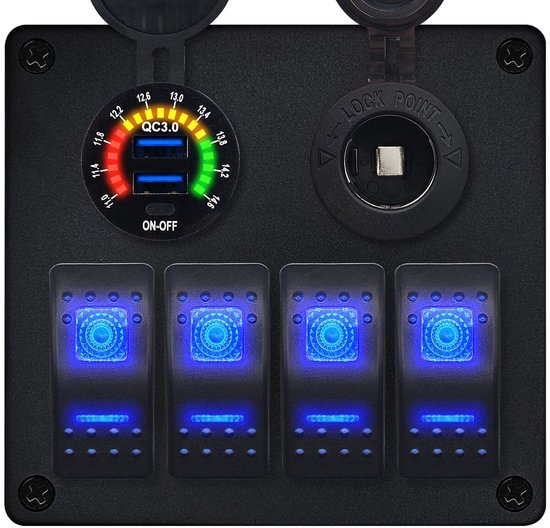 Panneau de commutation ProRide 12V pour voiture/bateau - Chargeur USB 2 Portes avec prise allume-cigare - QC3. 0 - 4 commutateurs