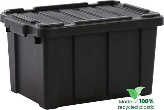 Zwarte kunststof opbergbox met deksel. Gemaakt van 100% gerecycled plastic.