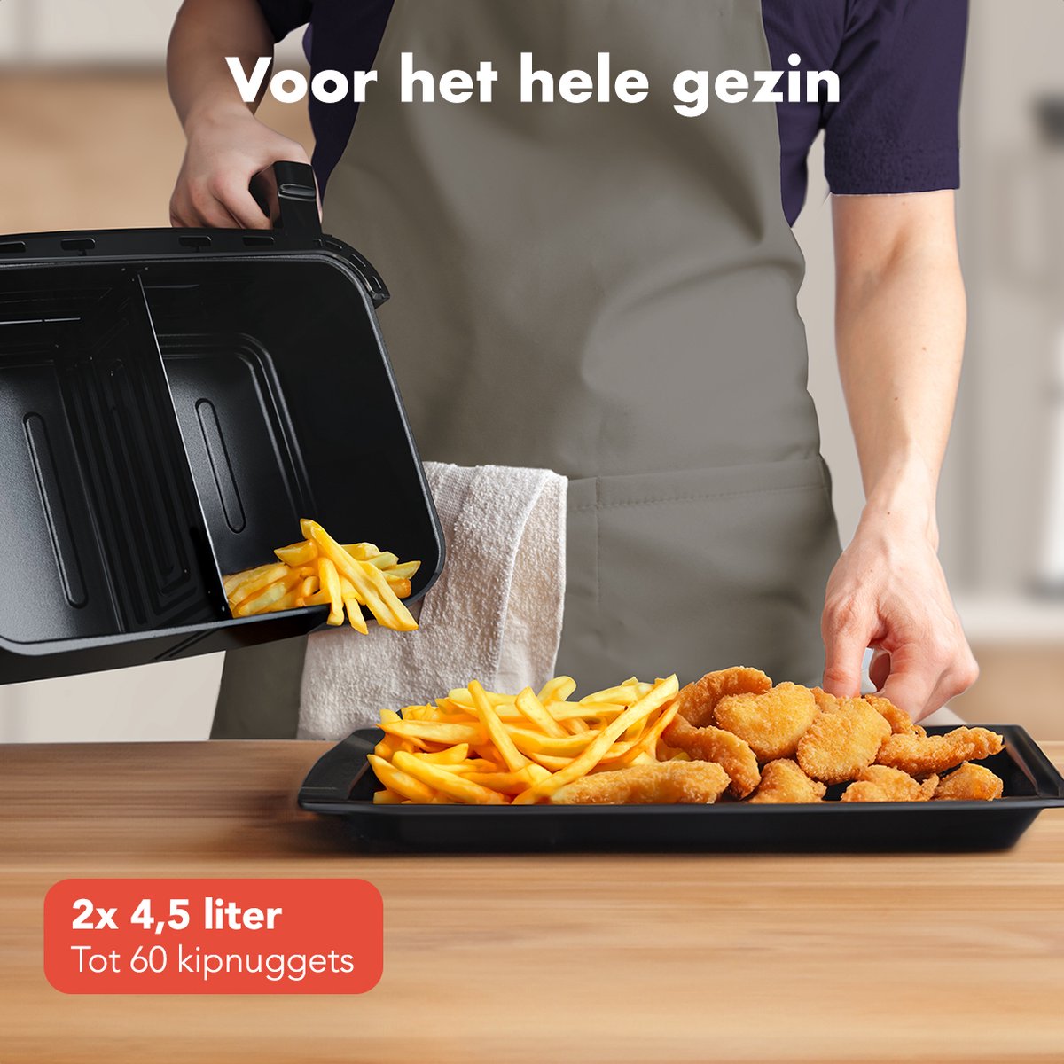 KitchenBrothers Dubbele Airfryer - PFAS-Vrij - 2400W - Dual Zone - 9L - Snackverdeler - Heteluchtfriteuse - Airfryer XXL - 10 Kookprogramma's - Zwart — afbeelding 6