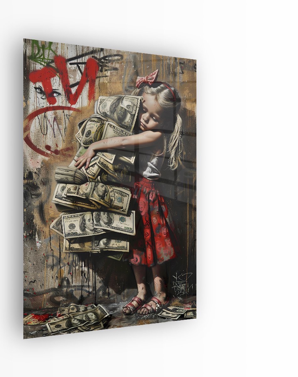 Indoorart Glasschilderij Streetart Money Hugs 40x60 CM - Afbeelding op plexiglas - Inclusief montagemateriaal bruin, rood, zwart, groen