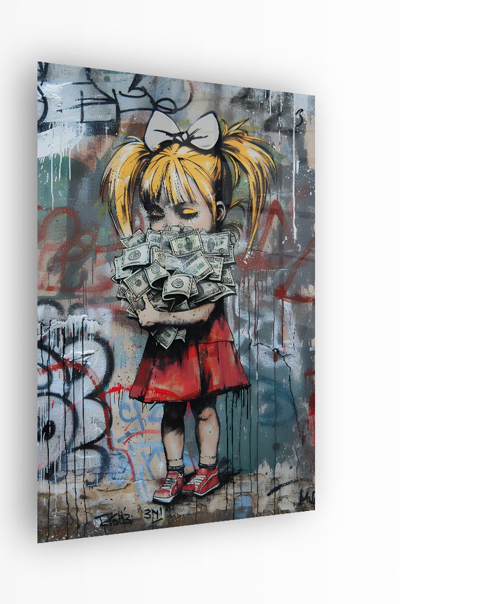 Indoorart Glasschilderij Streetart Sad Money 80x120 CM - Afbeelding op plexiglas - Inclusief montagemateriaal geel, groen, rood, zwart, blauw