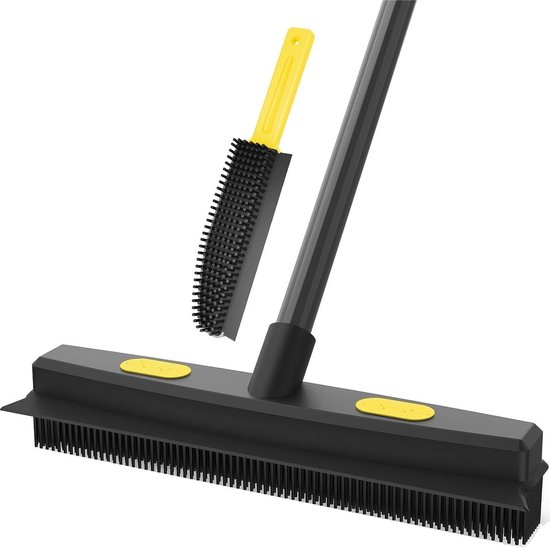 TDBS Rubberen Bezem Borstel Indoor Vloer & Tapijt Veegmachine Siliconen Varkenshaar Verwijder Pet Kat Hond Haar Van Vloeren Stapel Tapijt Met Lange Opvouwbare Handvat Keuken Vloer Reiniging Vegen