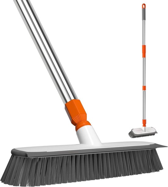 Brosse à Récurer Long Manche 128 Cm – 3 En 1 Acier Inox Poils Rigides Nylon Pour Salle De Bain, Cuisine, Carrelage Et Sol Humide