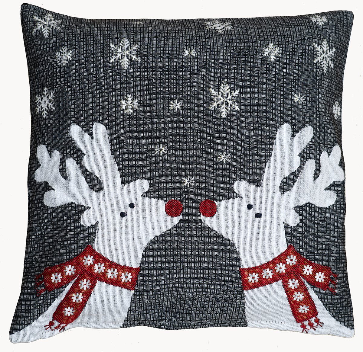 Kussenhoes - Gobelinstof - Kerst - Grijs met 2 rendieren met rode sjaal om - 40 x 40 cm