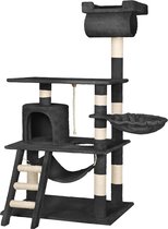 tectake® - Krabpaal voor Katten met kattenhangmat - Inclusief hangmat, grot, trap, buis en speelkoord - Grote krabpaal met sisal en pluche - Krabmeubel - Hoogte 141cm - Zwart
