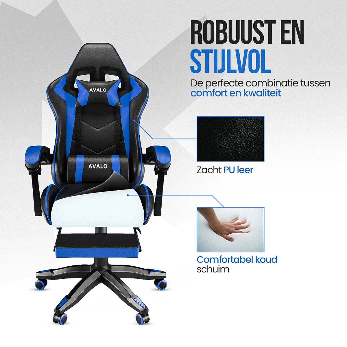 Afbeelding 3 van Avalo Gaming Stoel - Gamestoel - Ergonomische Bureaustoel Verstelbaar - Game Stoel - Gaming Chair - Zwart/Blauw