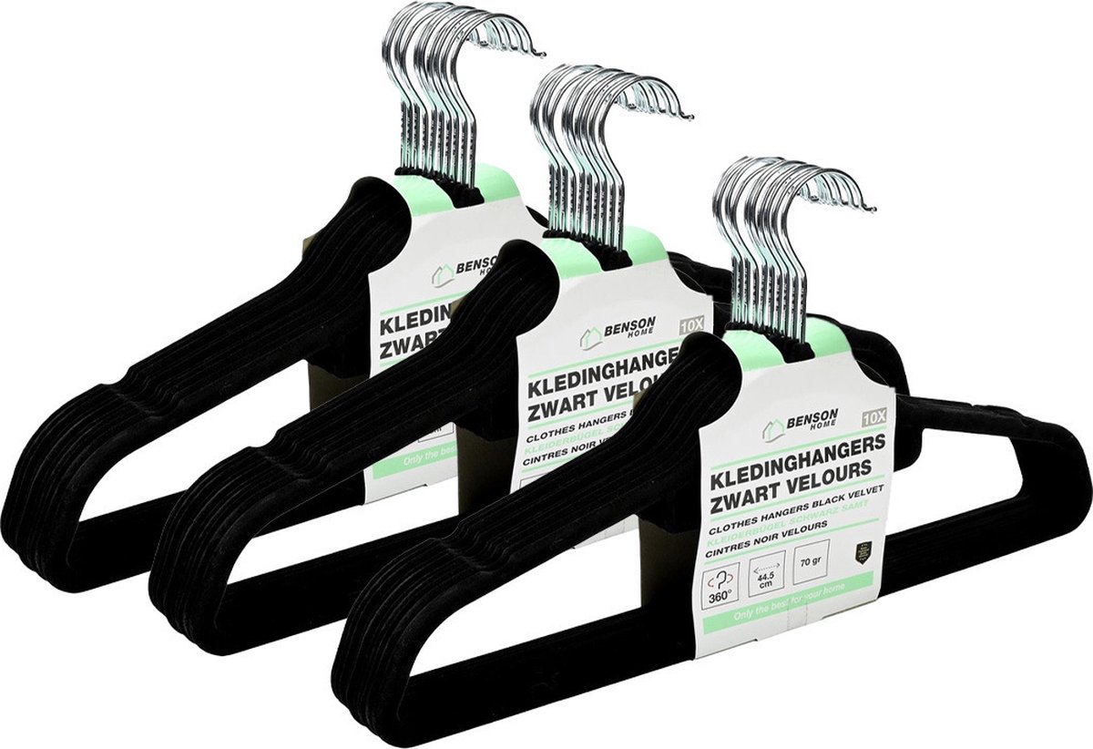 Benson Kledinghangers set - 30x stuks - zwart velours - kunststof - 44.5 cm - kledingkast hangers/kleerhangers