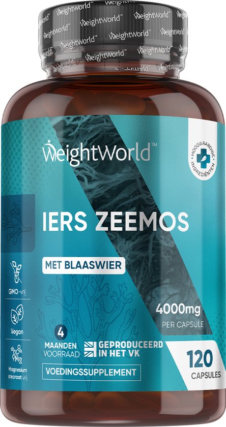 Fles Iers Zeemos van WeightWorld 4000 mg, 120 vegan capsules, 4 maanden voorraad, geproduceerd in het VK.