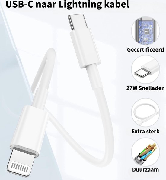 Witte USB-C naar Lightning kabel, met "Gecertificeerd", "27W Snelladen", "Extra sterk" en "Duurzaam" iconen.