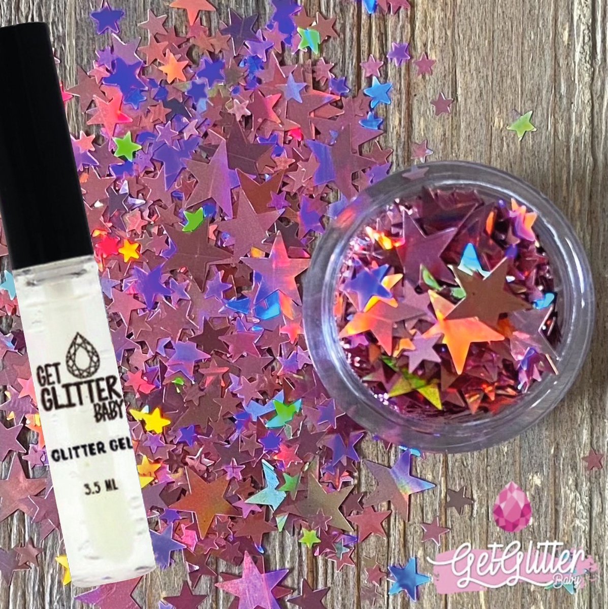 GetGlitterBaby® - Chunky Festival Glitters Sterretjes voor Lichaam en Gezicht Jewels Gel Glitterlijm Huid lijm / Bio Biodegradable Biologische Face Body Glitter - Oud Roze + Glittergel Huidlijm