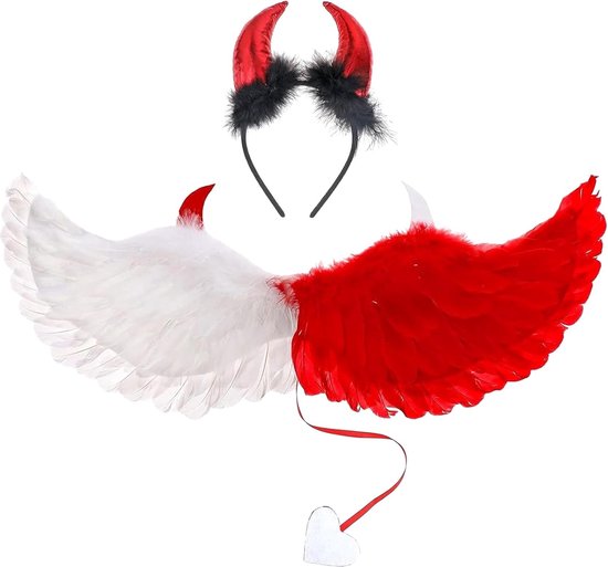 Halloween-vleugels, rood en wit, 60 cm, engelenvleugels met hoorn, hoofdband, engelenkostuum voor dames, donkerengelkostuum voor carnaval, feest, kinderen, volwassenen