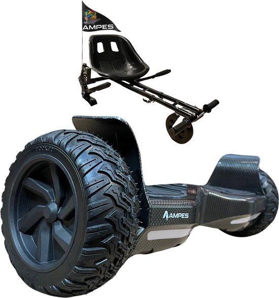 Ampes Hoverboard - Off Road Hoverboard - Bluetooth Speaker - 36V 4.0 Ah Accu - Oxboard - 15 km/h - UL2272 Gecertificeerd - LED Verlichting - Anti lek banden - Belastbaar tot 120KG - 8.5 Inch - Inclusief Draagtas - 800W - Carbon + Hoverkart Met Vering