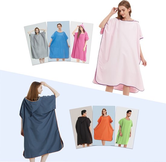 Femmes en ponchos rose, bleu, gris et rose à capuche. Une femme en poncho rose, debout. Une femme en poncho bleu foncé à capuche, debout. Hommes et femmes en ponchos noir, orange et vert.